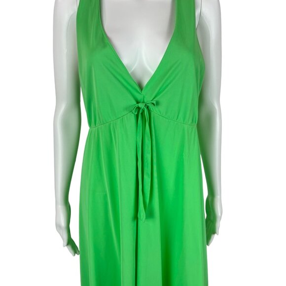 Vintage 70s Lime Nightgown Women's Medium Green Deep V Bow Neckline Racerback - Picture 5 of 11
